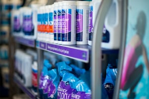 Fully stocked shelves in a pool and spa business.