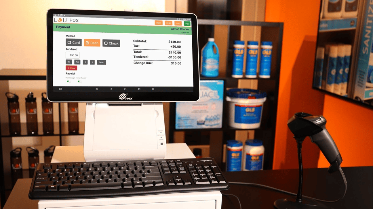 A Pax POS System with the LOU POS software on it. 